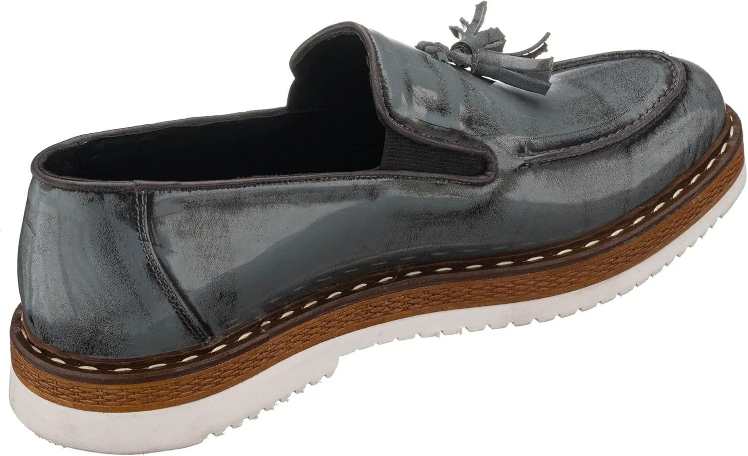 DALGALA Men's Gray Leather Handcrafted Fringe Loafer Shoes Slip on Fashion Eva Sole Lightweight Casual Shoes