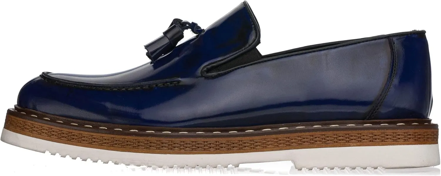 DALGALA Men's Navy Blue Leather Handcrafted Fringe Loafer Shoes Slip on Fashion Eva Sole Lightweight Casual Shoes
