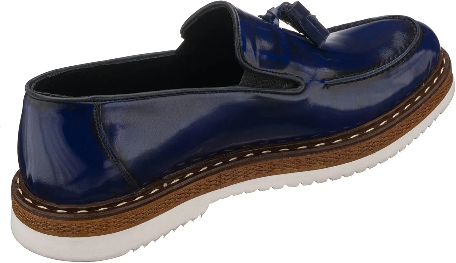 DALGALA Men's Navy Blue Leather Handcrafted Fringe Loafer Shoes Slip on Fashion Eva Sole Lightweight Casual Shoes