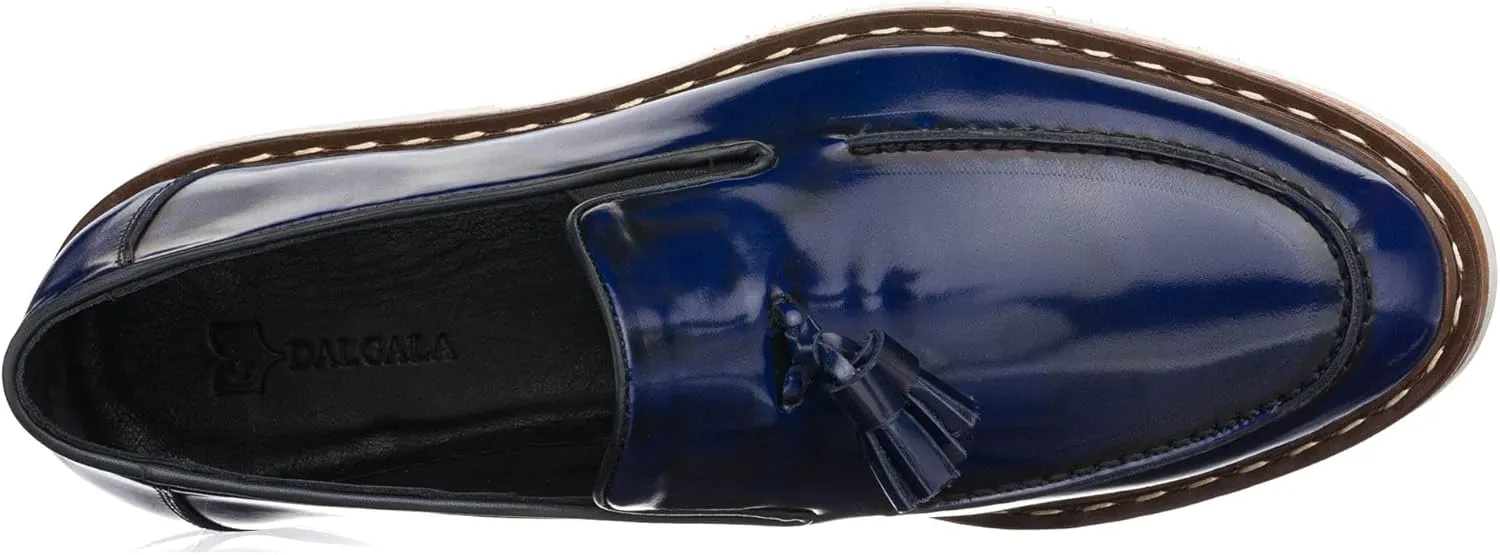 DALGALA Men's Navy Blue Leather Handcrafted Fringe Loafer Shoes Slip on Fashion Eva Sole Lightweight Casual Shoes