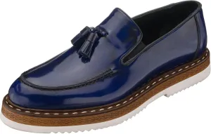 DALGALA Men's Navy Blue Leather Handcrafted Fringe Loafer Shoes Slip on Fashion Eva Sole Lightweight Casual Shoes