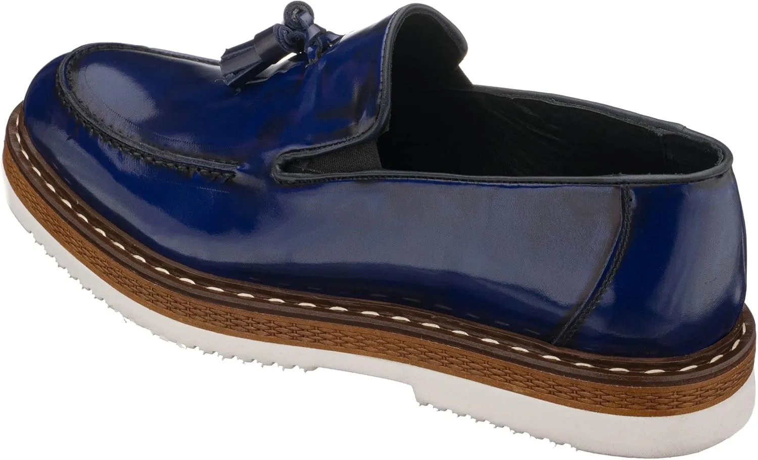 DALGALA Men's Navy Blue Leather Handcrafted Fringe Loafer Shoes Slip on Fashion Eva Sole Lightweight Casual Shoes