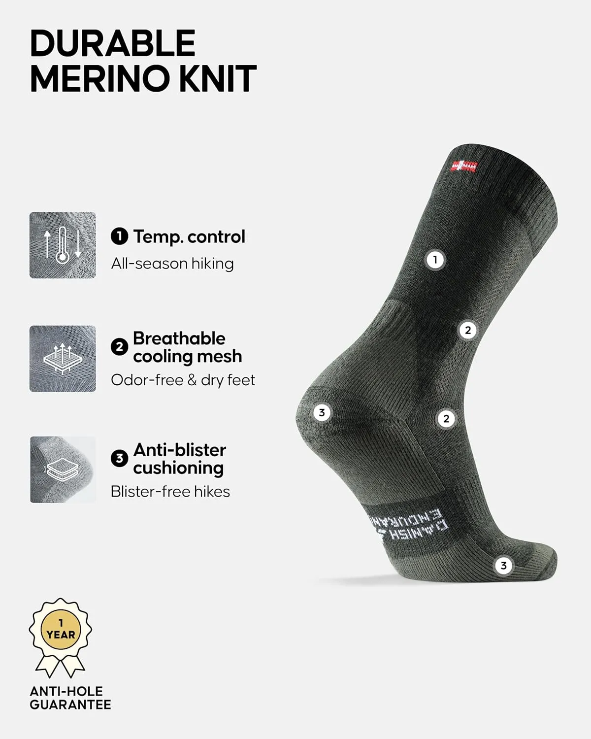 DANISH ENDURANCE Hiking Socks, Merino Wool Socks, Anti Blister, Cushioned, Breathable, Men & Women, 3-Pack