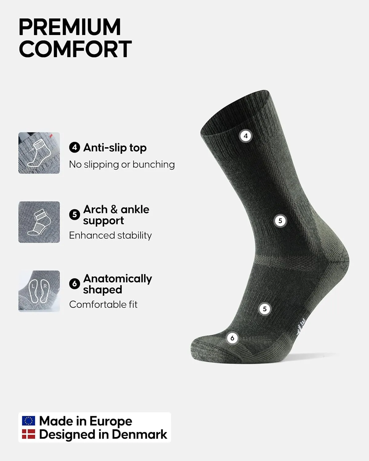 DANISH ENDURANCE Hiking Socks, Merino Wool Socks, Anti Blister, Cushioned, Breathable, Men & Women, 3-Pack