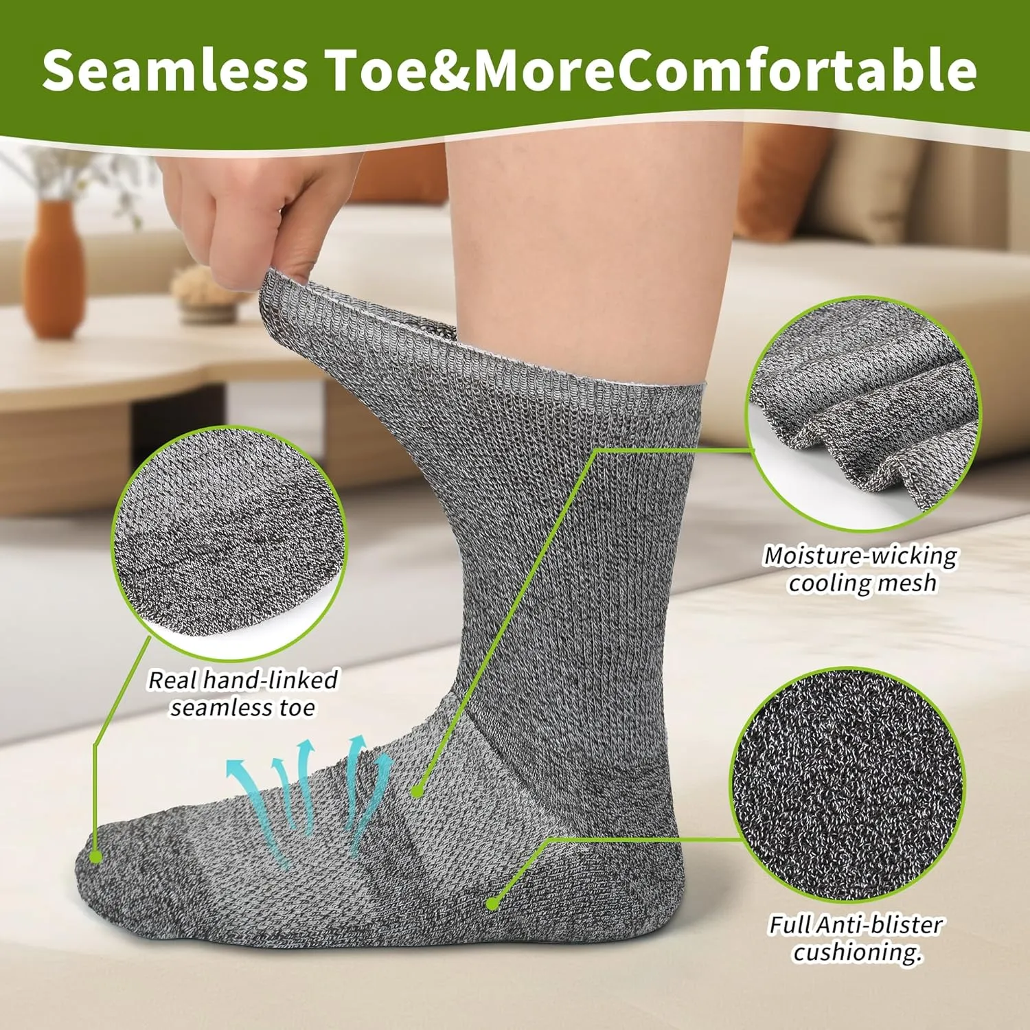 Diabetic Crew Socks for Men Women,Bamboo Viscose Non-Binding Loose Top Wide Socks with Seamless Toe 6-9 9-12