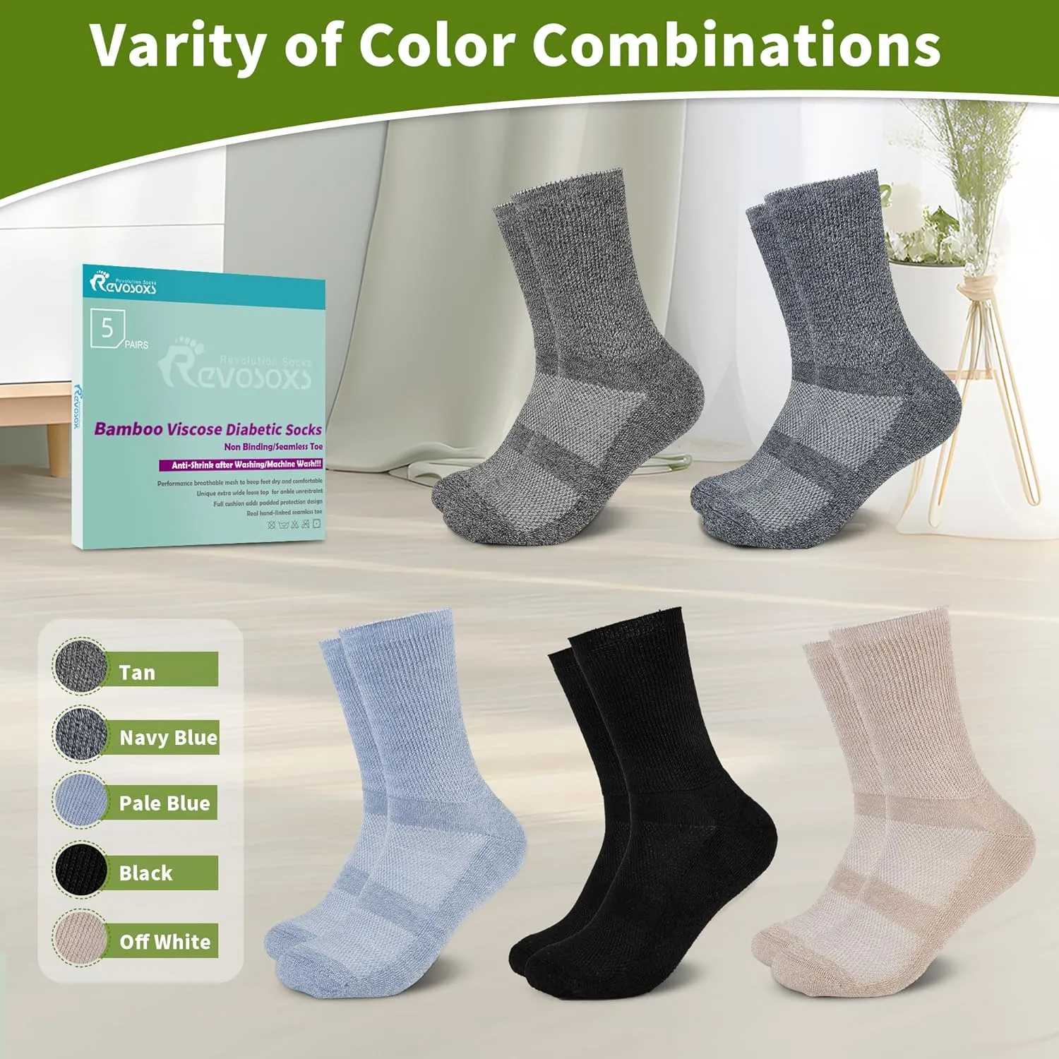 Diabetic Crew Socks for Men Women,Bamboo Viscose Non-Binding Loose Top Wide Socks with Seamless Toe 6-9 9-12