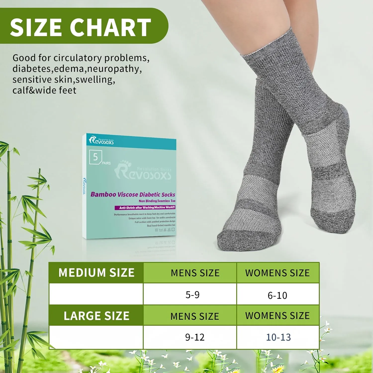 Diabetic Crew Socks for Men Women,Bamboo Viscose Non-Binding Loose Top Wide Socks with Seamless Toe 6-9 9-12