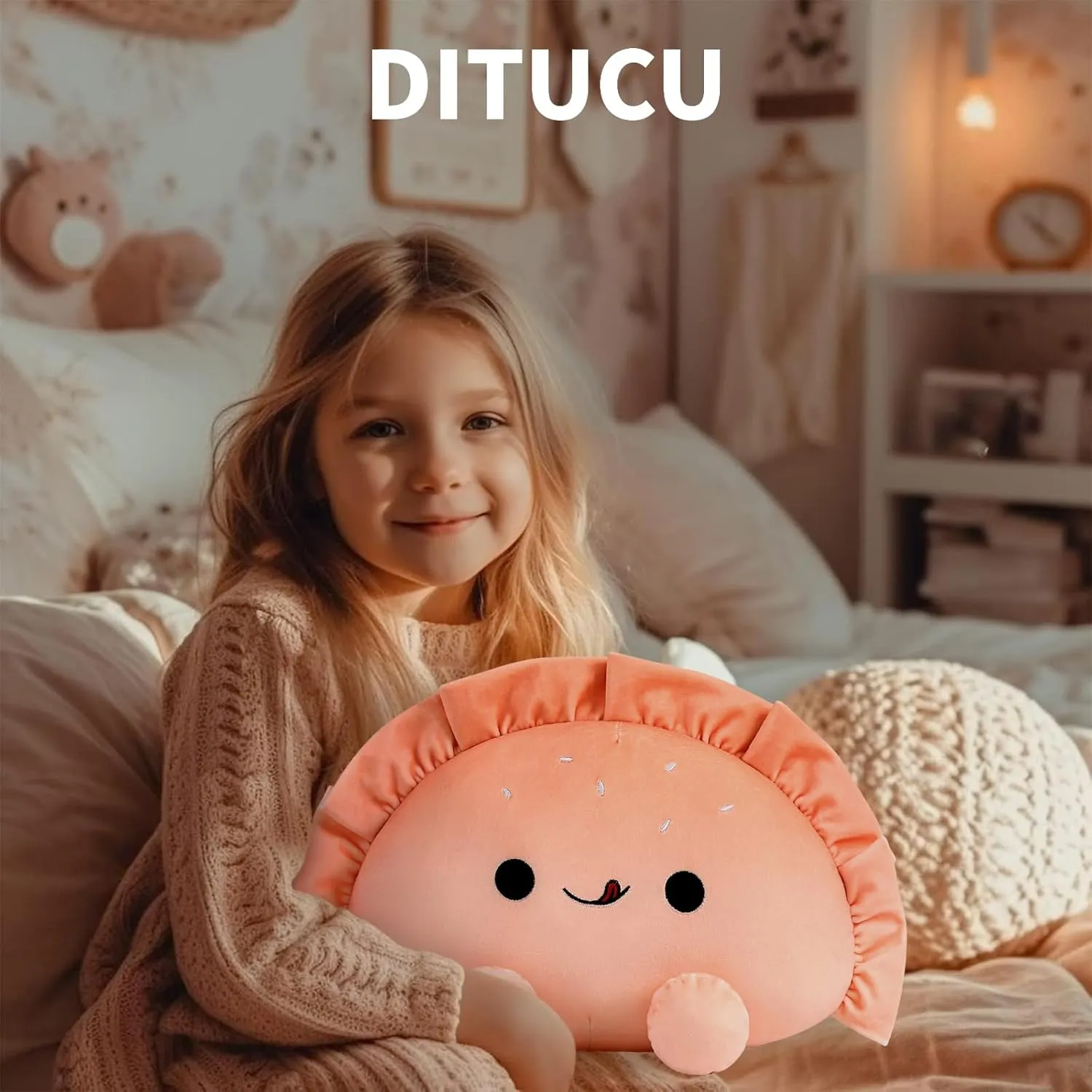 Ditucu Cute Dumpling Plush Pillow Funny Food Fried Dumplings Pancakes Stuffed Animal Plushies Toys Soft Hugging Gifts for Kids Pink 14 inch