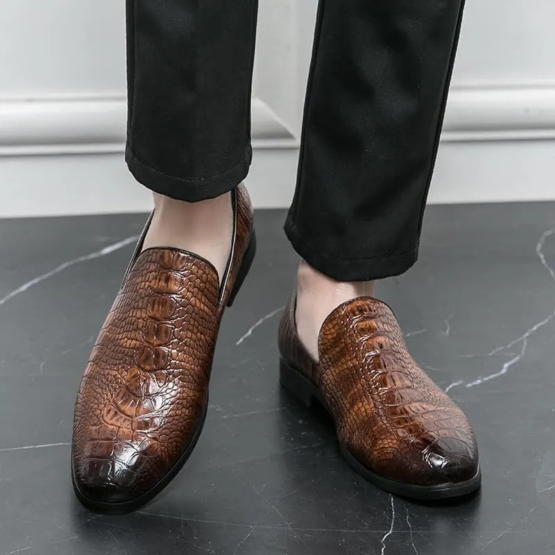Dress Formal Shoes for Men Slip On Pointed Burnished Toe Crocodile Print Loafer Low Top Anti-Slip Rubber Sole Casual