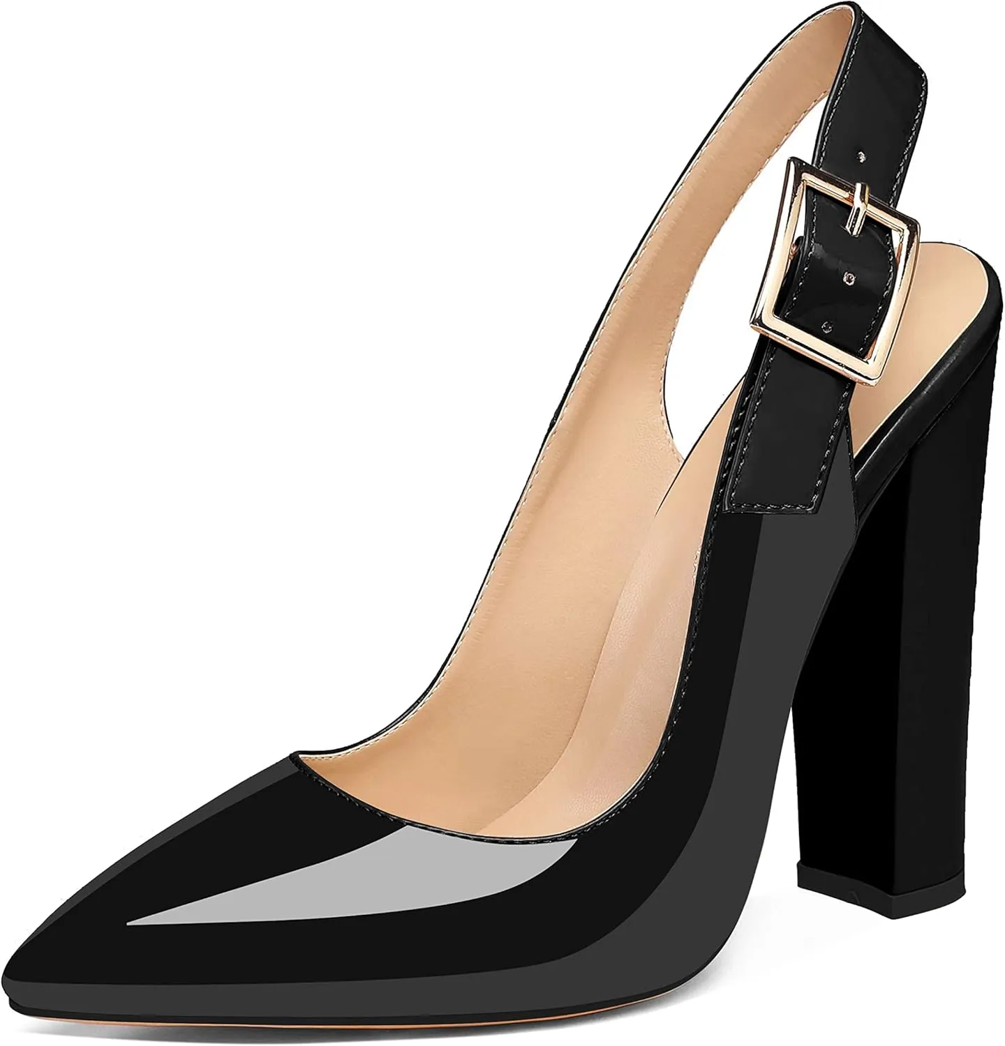 Eldof Women's Slingback Pointed Toe Pumps Ankle Strap Chunky High Heels 4.7" High Block Heel Pumps Dress Shoes