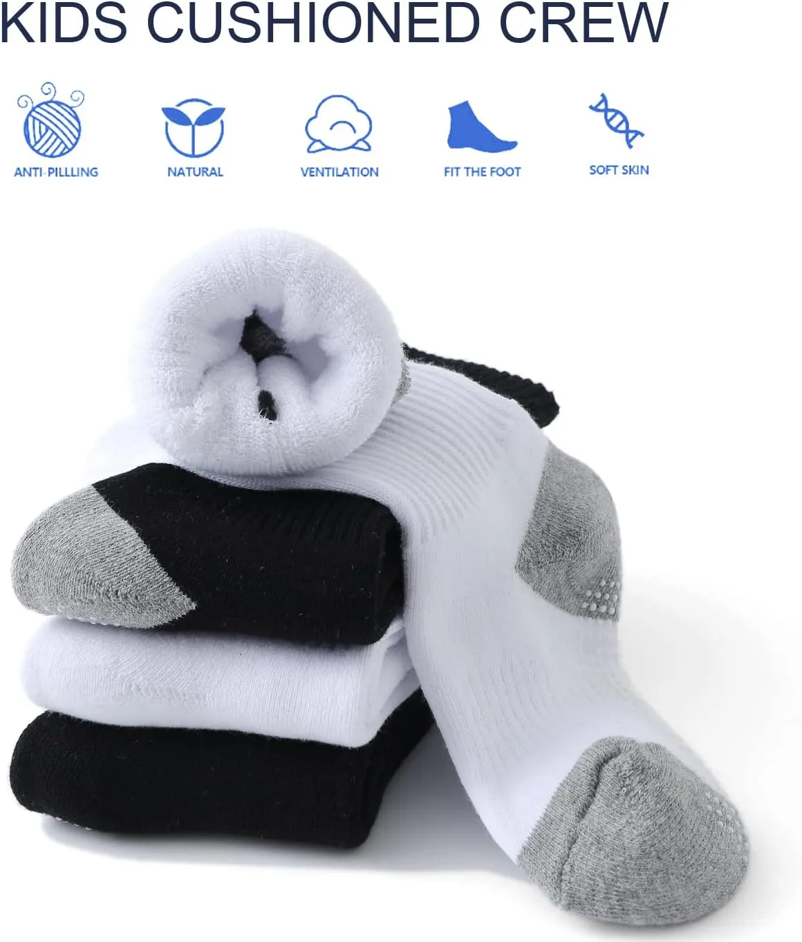 EPEIUS Kids Boys/Girls' Cushioned Crew Socks Thick Cotton Athletic Socks 6 Pack 4-14 Years