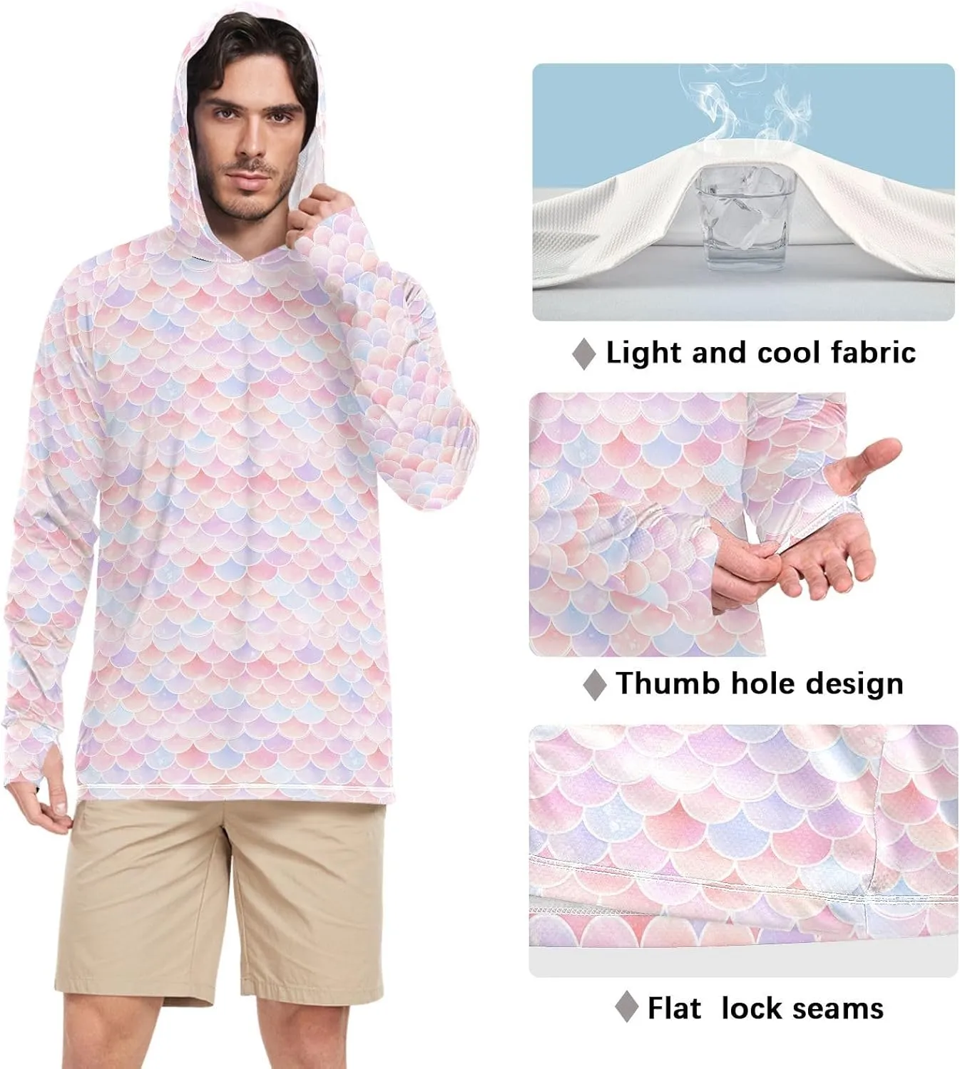 Fish Scales Pink Blue Mens Hoodie Sun Protection Long Sleeve UPF 50 Mens Sun Shirt Active Wear UV Rash Guard with Hood