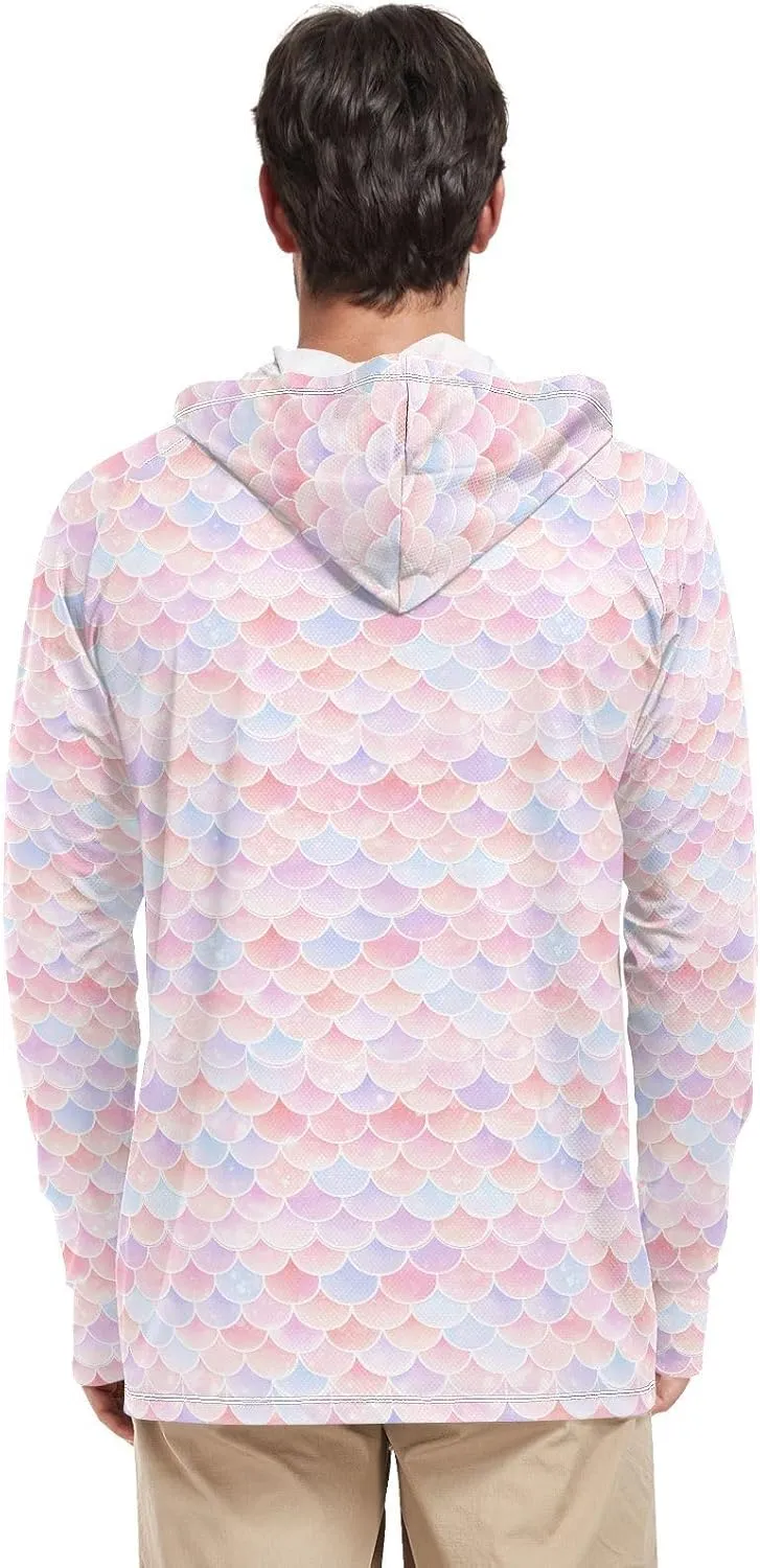 Fish Scales Pink Blue Mens Hoodie Sun Protection Long Sleeve UPF 50 Mens Sun Shirt Active Wear UV Rash Guard with Hood