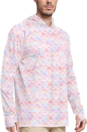 Fish Scales Pink Blue Mens Hoodie Sun Protection Long Sleeve UPF 50 Mens Sun Shirt Active Wear UV Rash Guard with Hood