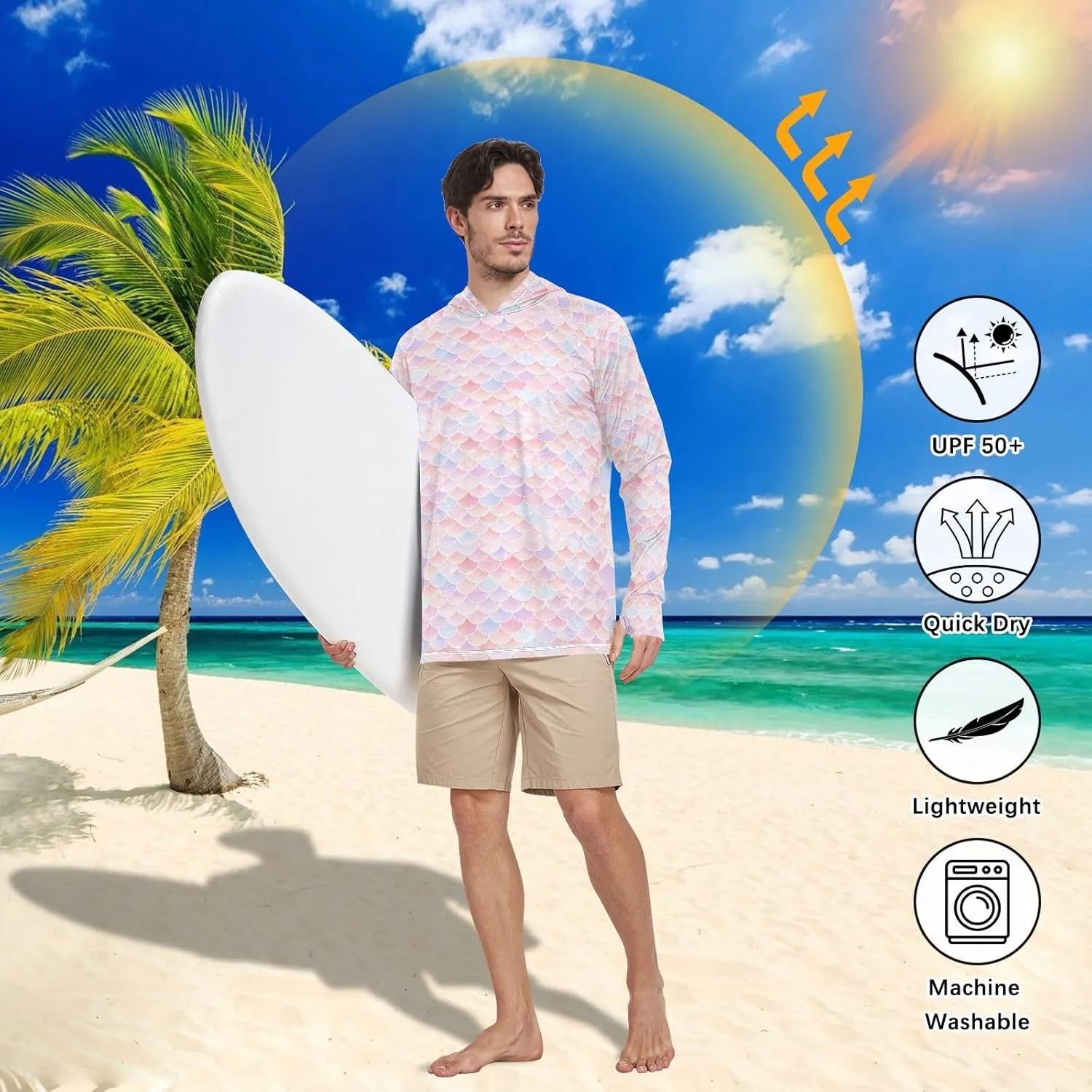 Fish Scales Pink Blue Mens Hoodie Sun Protection Long Sleeve UPF 50 Mens Sun Shirt Active Wear UV Rash Guard with Hood