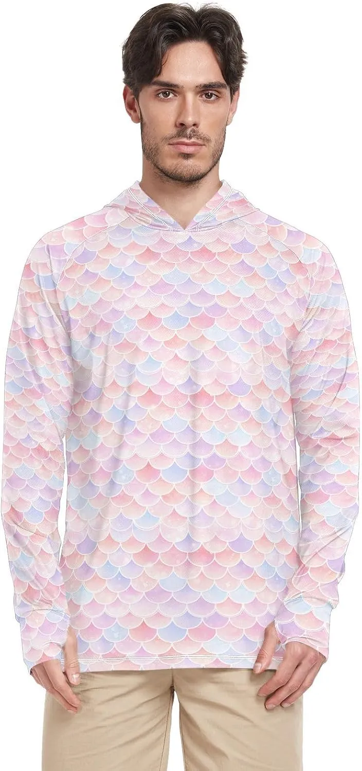 Fish Scales Pink Blue Mens Hoodie Sun Protection Long Sleeve UPF 50 Mens Sun Shirt Active Wear UV Rash Guard with Hood