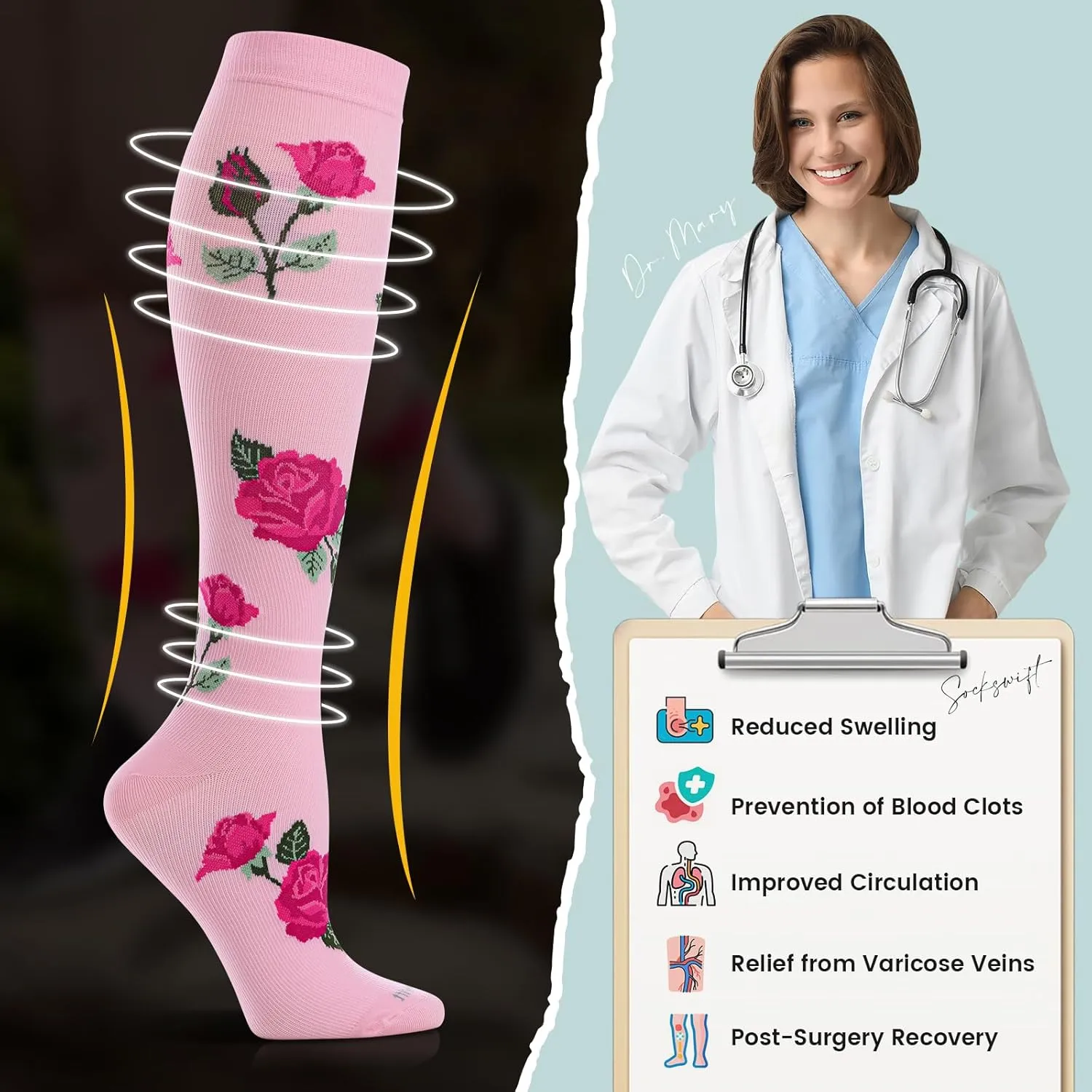 Floral Compression Socks for Women 20-30mmHg Knee High, Best for Ladies, Nurses, Pregnancy, Travel