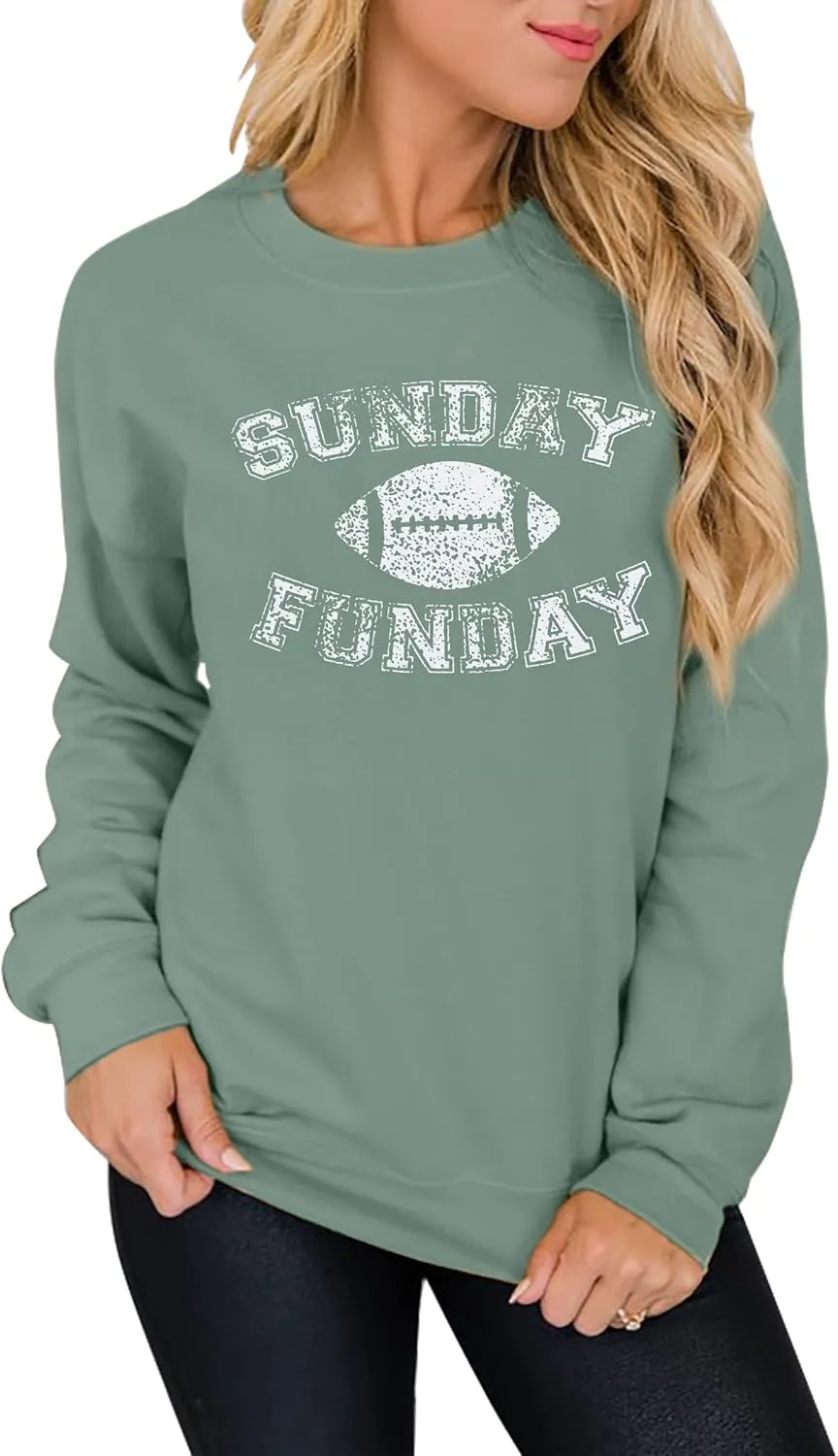 FLOYU Women Sunday Funday Sweatshirt Cute Football Graphic Pullover Game Day Weekend Tops Casual Football Season Shirt
