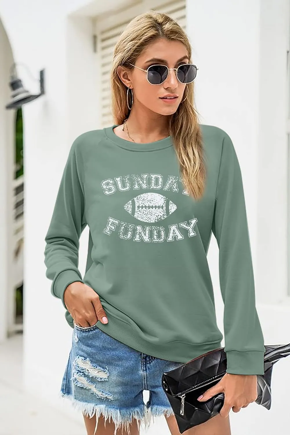 FLOYU Women Sunday Funday Sweatshirt Cute Football Graphic Pullover Game Day Weekend Tops Casual Football Season Shirt