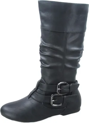Forever Link Sonny-54 Women's Fashion Round Toe Flat Causal Mid Calf Zip Buckle Boots Shoe, Black 7.5