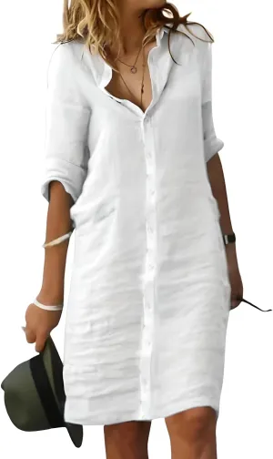 Fronage Women's Summer Midi Shirt Dresses Button Down 1/2 Sleeve Lapel Casual Cotton Linen Dress