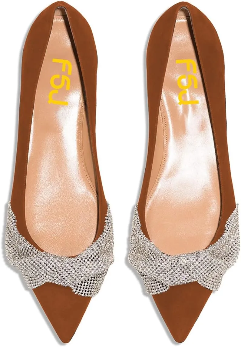 FSJ Women Classic Pointed Toe Rhinestone Sequins Bow Casual Slip on Faux Suede Comfort Low Thick Heel Walking Ballet Flat Shoes Size 4-15 US