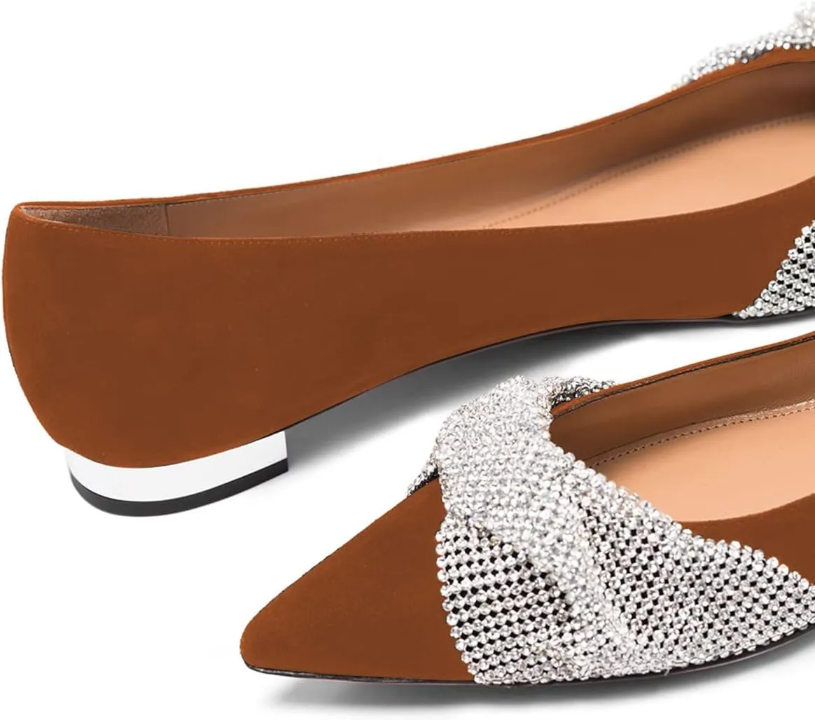 FSJ Women Classic Pointed Toe Rhinestone Sequins Bow Casual Slip on Faux Suede Comfort Low Thick Heel Walking Ballet Flat Shoes Size 4-15 US