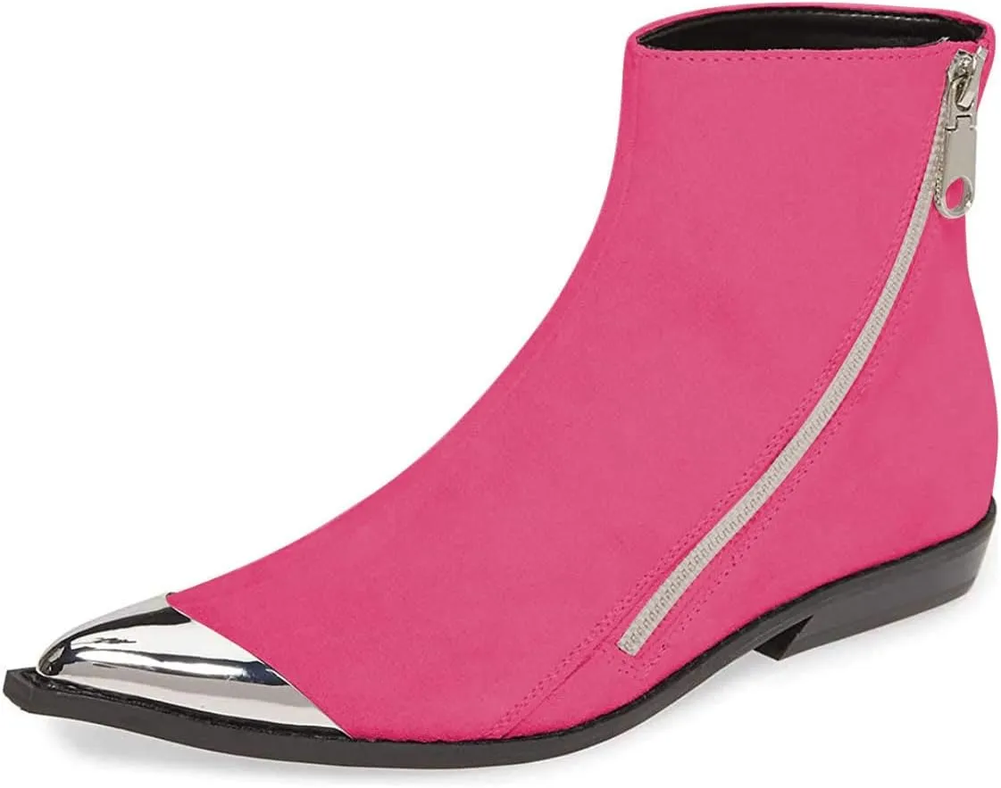 FSJ Women Comfy Western Flat Ankle Boots Low Heel Pointed Toe Side Zipper Booties Dress Daily Work Shoes Size 4-15 US