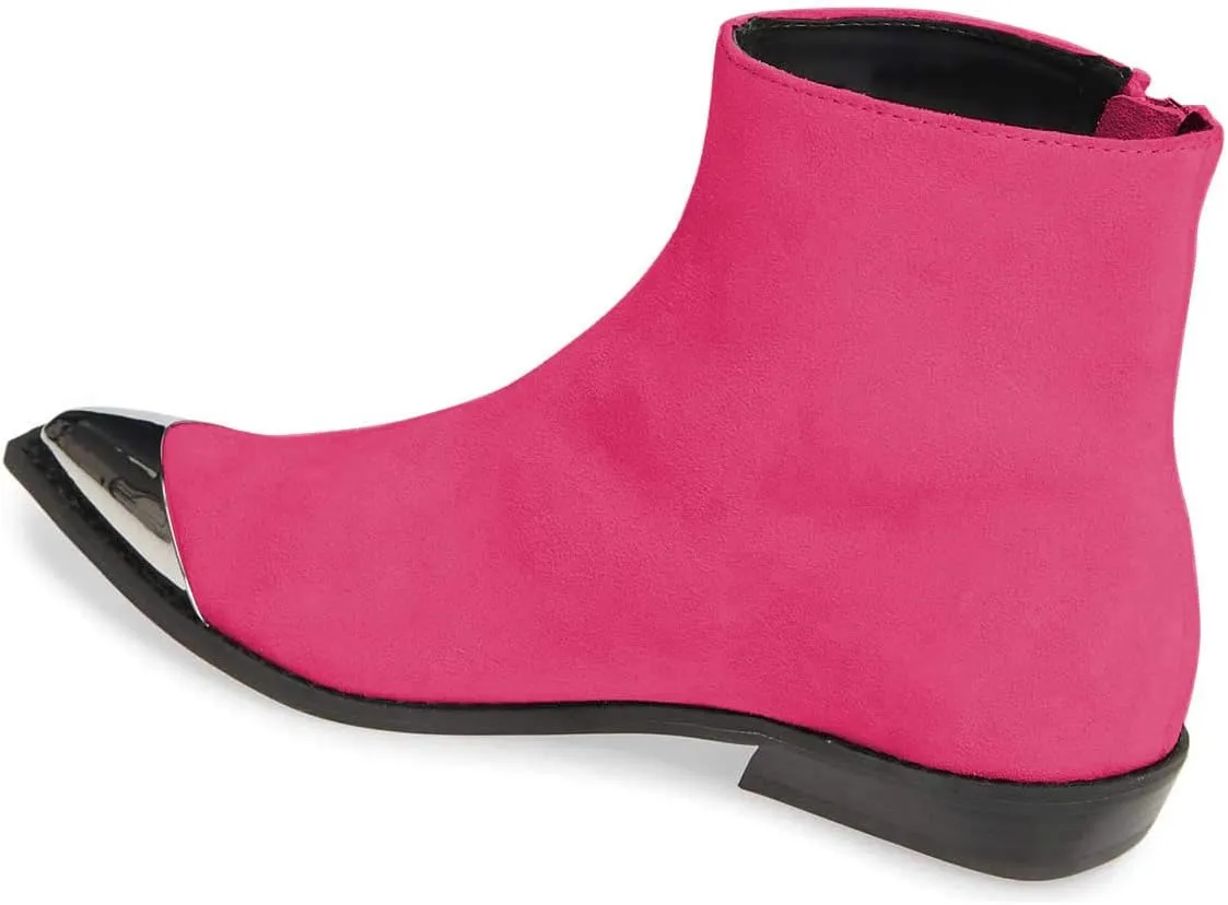 FSJ Women Comfy Western Flat Ankle Boots Low Heel Pointed Toe Side Zipper Booties Dress Daily Work Shoes Size 4-15 US