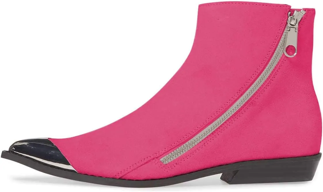 FSJ Women Comfy Western Flat Ankle Boots Low Heel Pointed Toe Side Zipper Booties Dress Daily Work Shoes Size 4-15 US