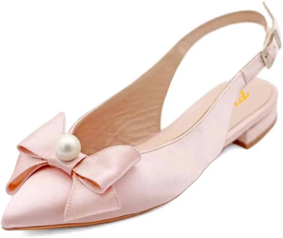 FYS Women Pearl Bow Pointed Toe Pumps Slip on Flat Singbacks Comfortable Wedding Prom Daily Shoes Size 4-16 US