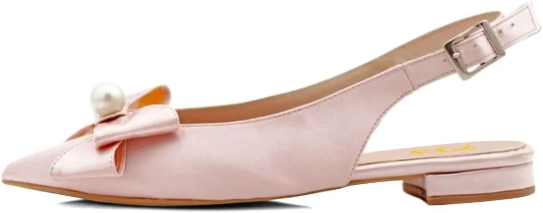 FYS Women Pearl Bow Pointed Toe Pumps Slip on Flat Singbacks Comfortable Wedding Prom Daily Shoes Size 4-16 US