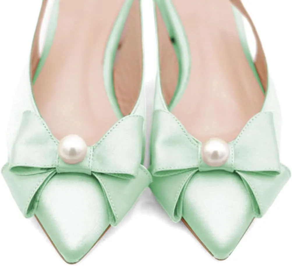 FYS Women Pearl Bow Pointed Toe Pumps Slip on Flat Singbacks Comfortable Wedding Prom Daily Shoes Size 4-16 US