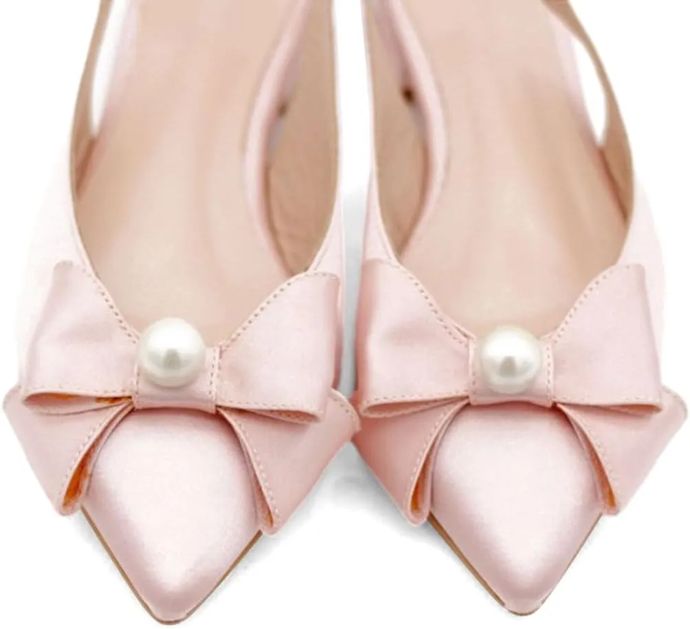 FYS Women Pearl Bow Pointed Toe Pumps Slip on Flat Singbacks Comfortable Wedding Prom Daily Shoes Size 4-16 US