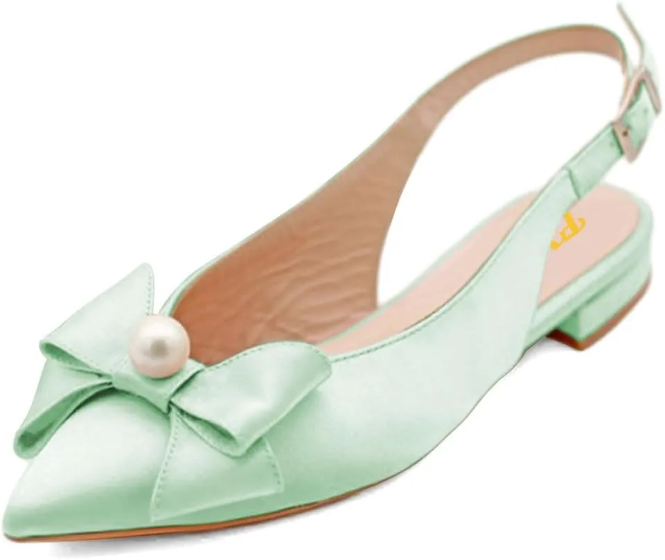 FYS Women Pearl Bow Pointed Toe Pumps Slip on Flat Singbacks Comfortable Wedding Prom Daily Shoes Size 4-16 US