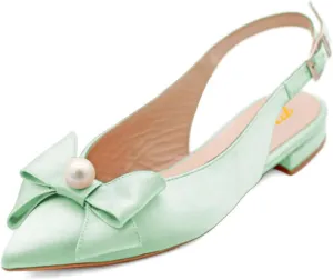 FYS Women Pearl Bow Pointed Toe Pumps Slip on Flat Singbacks Comfortable Wedding Prom Daily Shoes Size 4-16 US