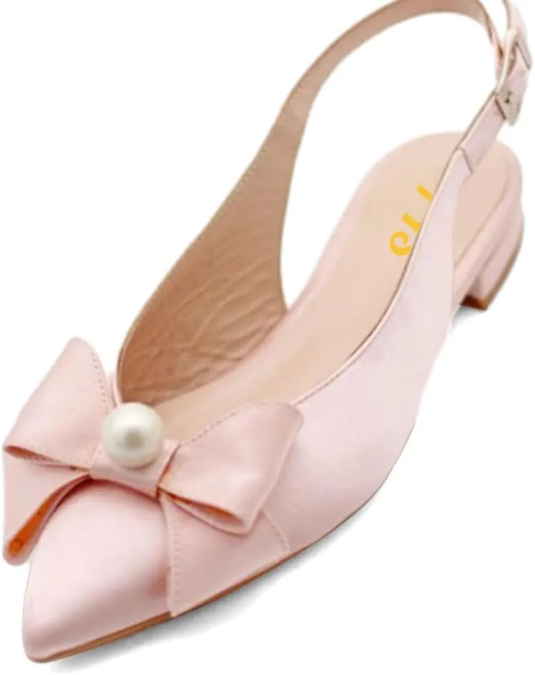 FYS Women Pearl Bow Pointed Toe Pumps Slip on Flat Singbacks Comfortable Wedding Prom Daily Shoes Size 4-16 US