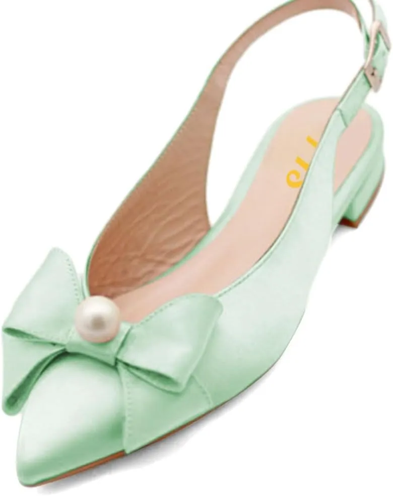 FYS Women Pearl Bow Pointed Toe Pumps Slip on Flat Singbacks Comfortable Wedding Prom Daily Shoes Size 4-16 US