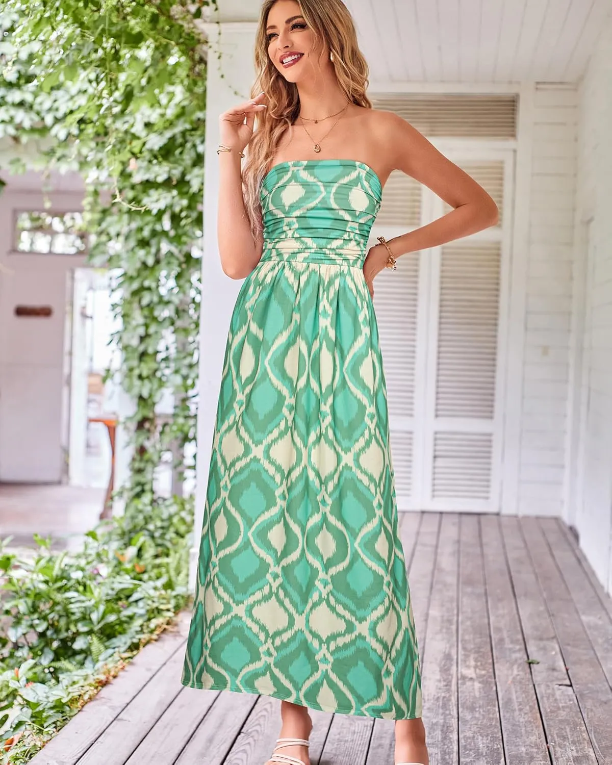 GRACE KARIN Women Strapless Casual Loose Ruched Long Maxi Dress with Pockets