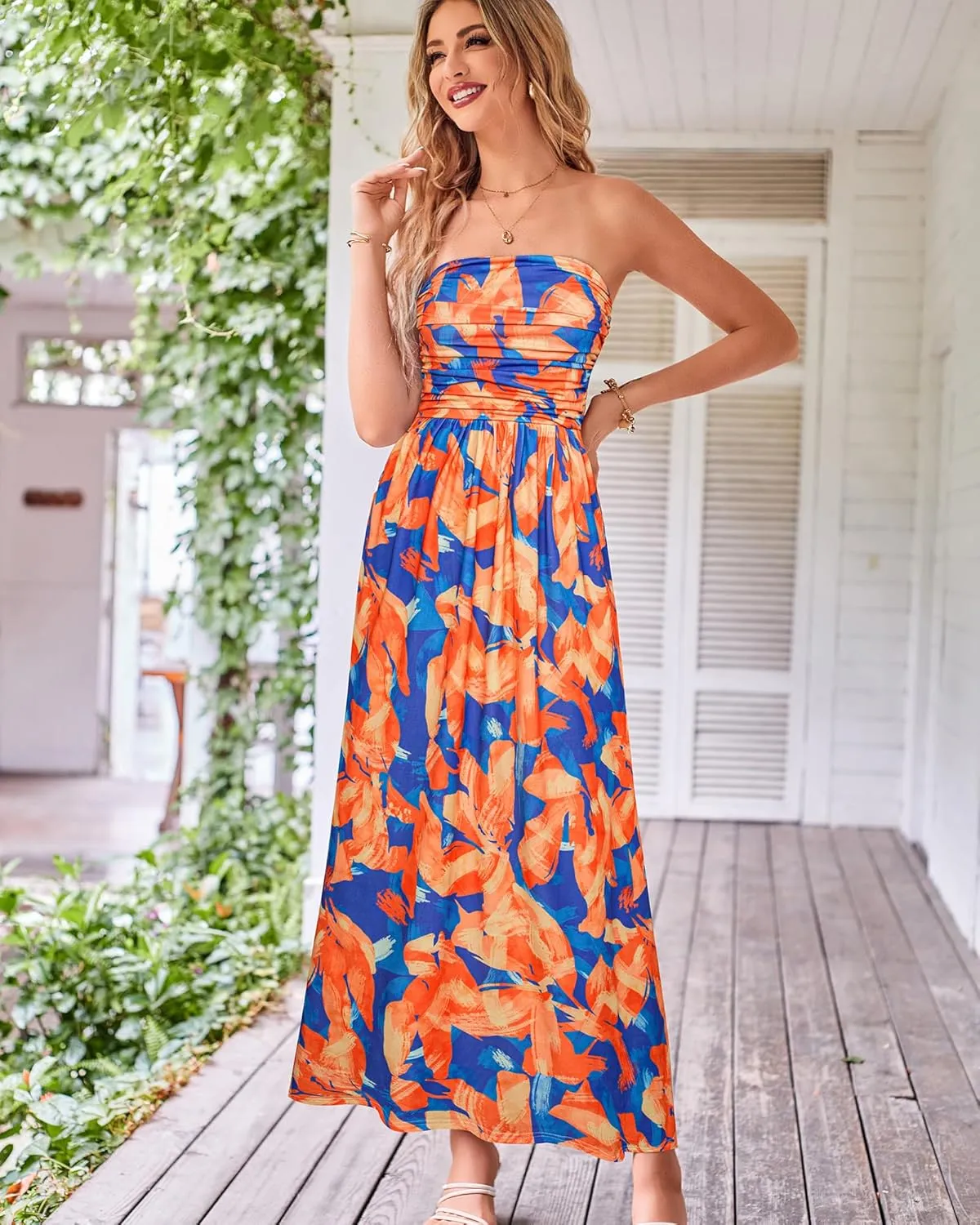 GRACE KARIN Women Strapless Casual Loose Ruched Long Maxi Dress with Pockets