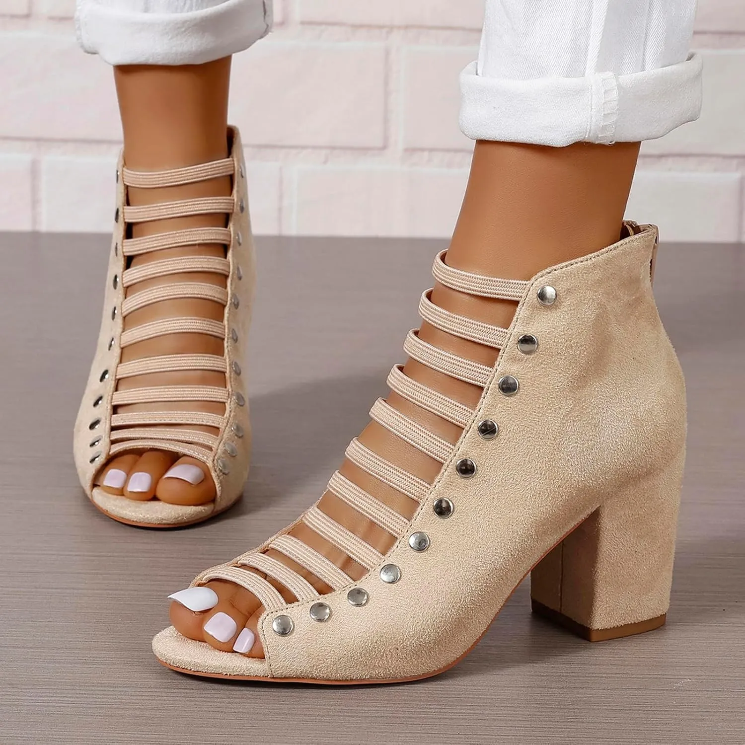 GUNIYIFS Womens Faux Suede Heels Sandals Peep Toe Cutout Chunky Block High Heels Sandals Dress Summer Back Zip Ankle Booties