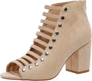 GUNIYIFS Womens Faux Suede Heels Sandals Peep Toe Cutout Chunky Block High Heels Sandals Dress Summer Back Zip Ankle Booties