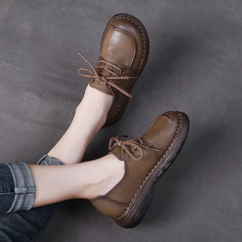 Handmade Genuine Leather Soft Sole Casual Comfort Lace Up Flat Women's Shoes