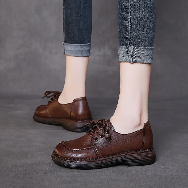 Handmade Genuine Leather Soft Sole Casual Comfort Lace Up Flat Women's Shoes