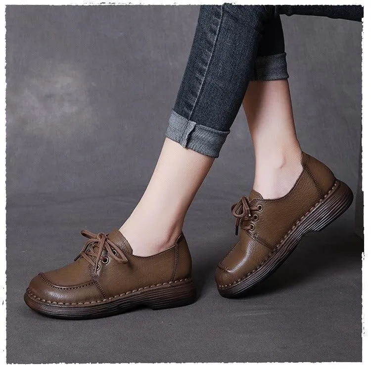 Handmade Genuine Leather Soft Sole Casual Comfort Lace Up Flat Women's Shoes