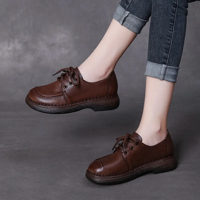 Handmade Genuine Leather Soft Sole Casual Comfort Lace Up Flat Women's Shoes