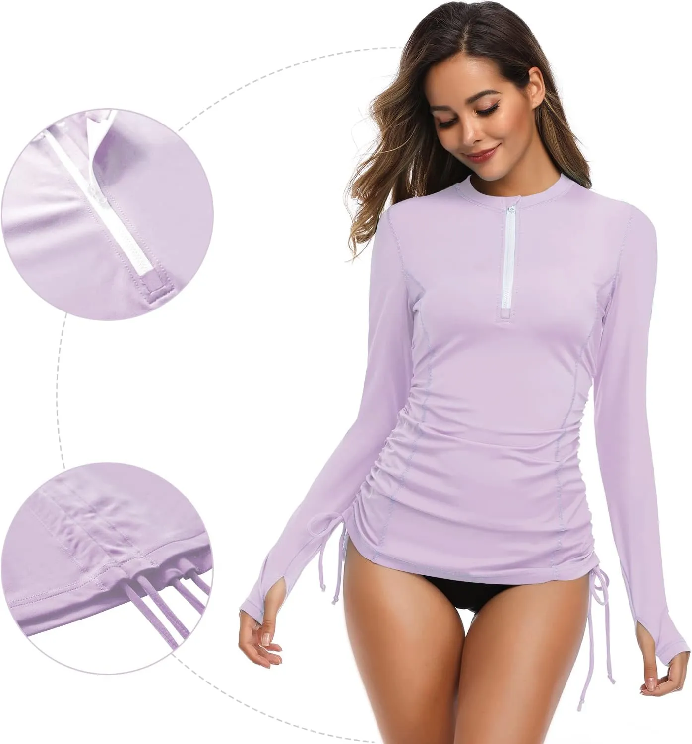 HISKYWIN Women's Long Sleeve UV Sun Protection Rash Guard Side Adjustable Wetsuit Swimsuit Top