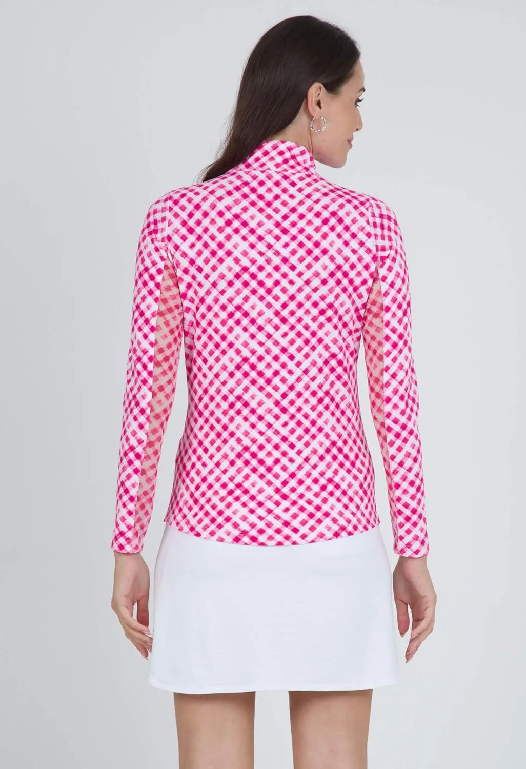 IBKUL Athleisure Wear Sun Protective UPF 50  Icefil Cooling Gingham Check Print Long Sleeve Mock Neck Top – 10876
