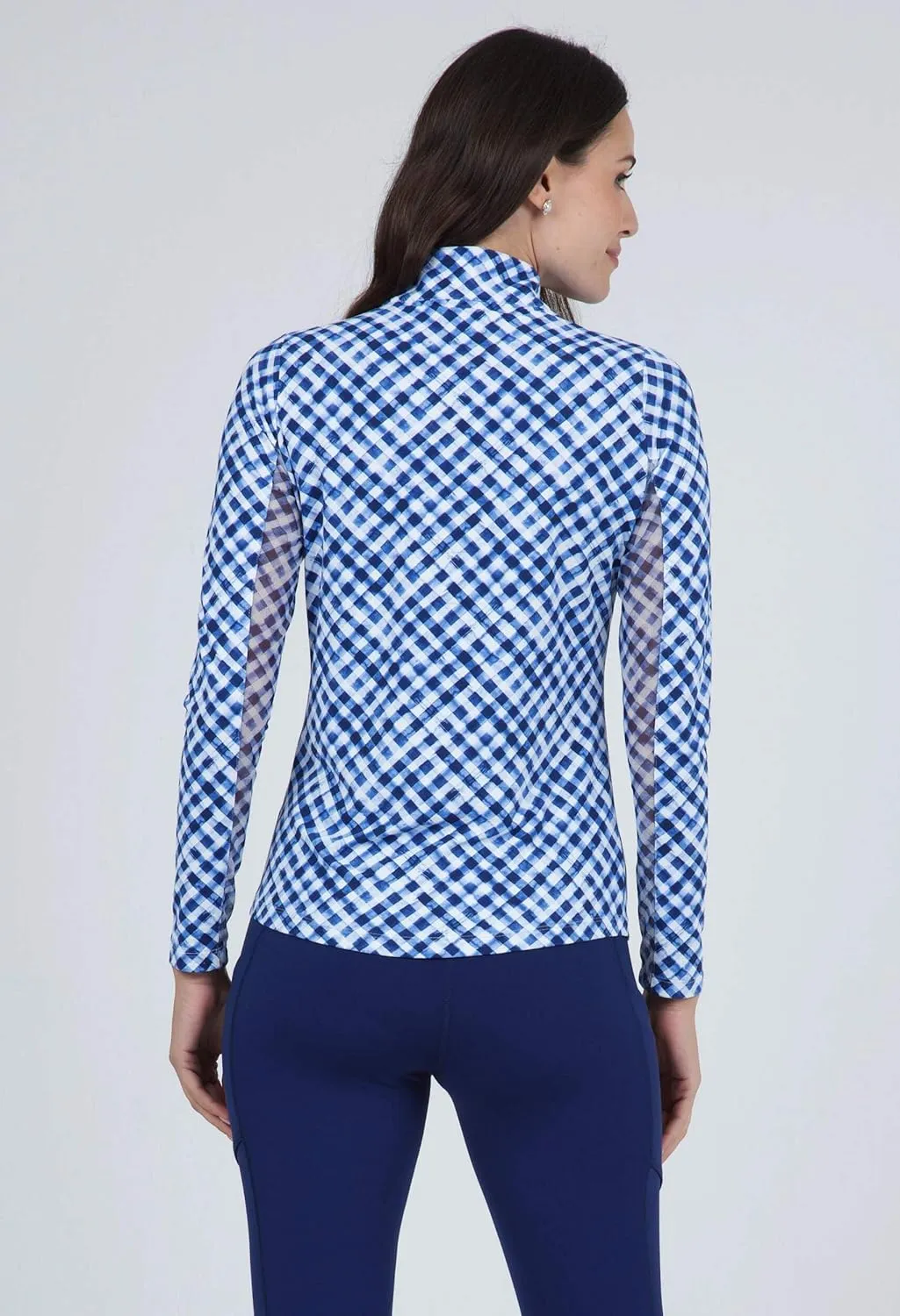 IBKUL Athleisure Wear Sun Protective UPF 50  Icefil Cooling Gingham Check Print Long Sleeve Mock Neck Top – 10876
