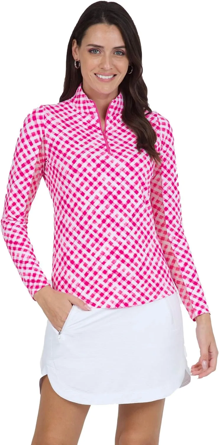 IBKUL Athleisure Wear Sun Protective UPF 50  Icefil Cooling Gingham Check Print Long Sleeve Mock Neck Top – 10876
